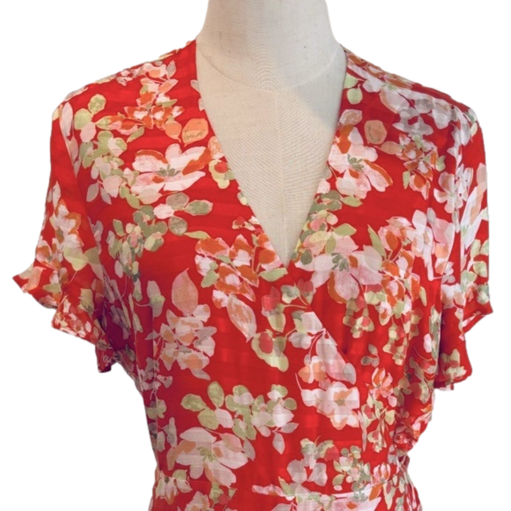 90s J JILL WRAP DRESS TANGERINE FLORAL TWEE DELICATE LIGHT COTTAGECORE SZ MP - Picture 5 of 13